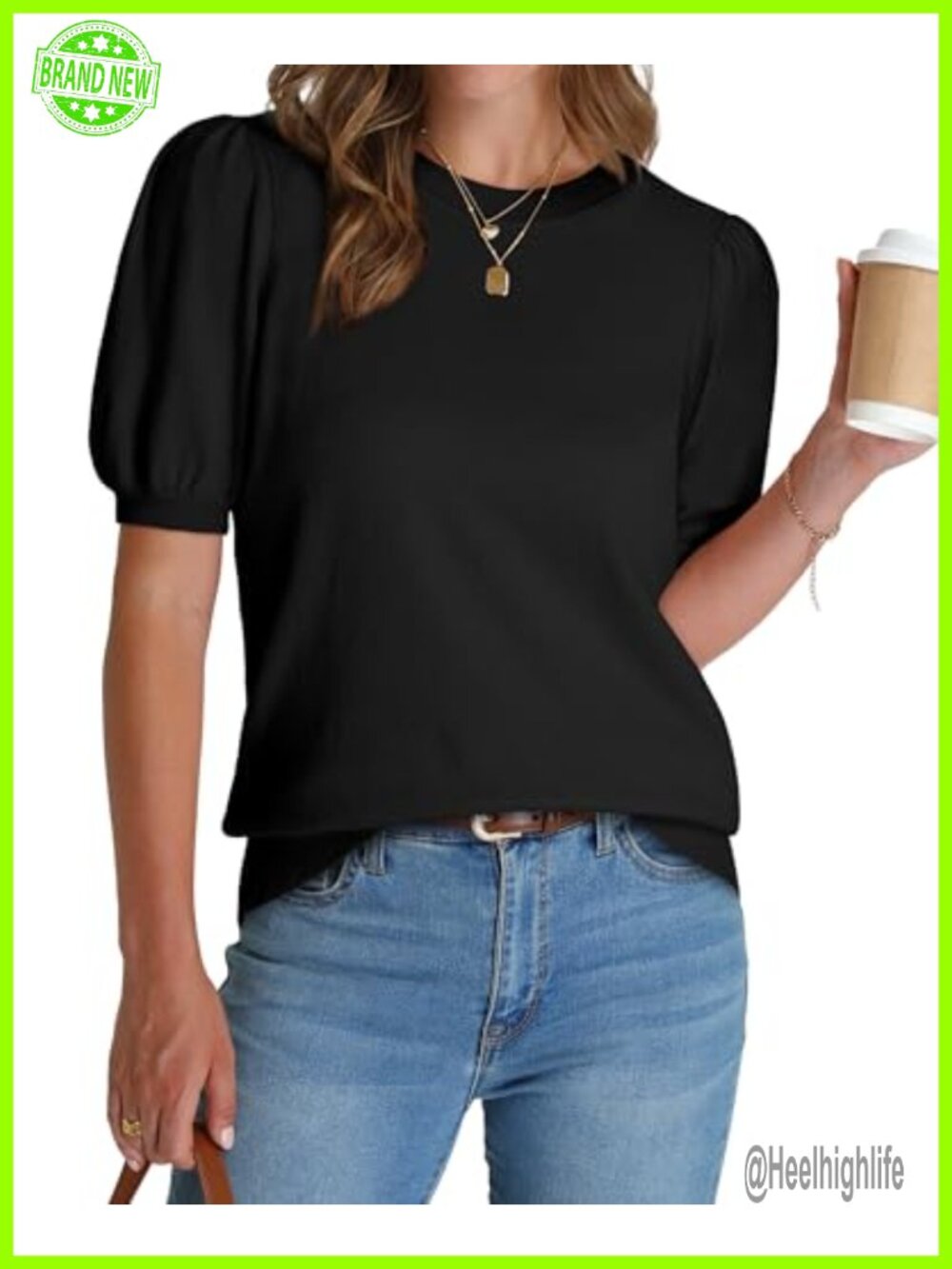 Womens Puff Short Sleeve Knit Sweater Top Business Casual Work Blouse